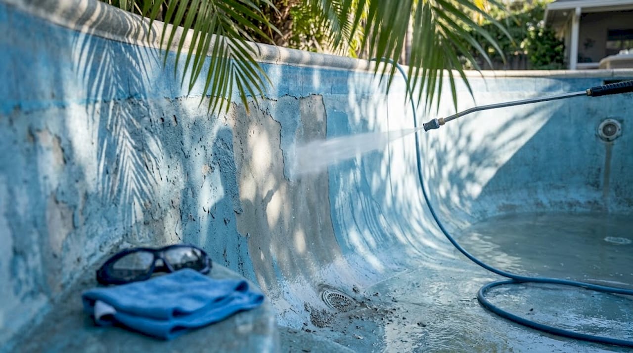 Close-up showing plaster removal by hydroblaster