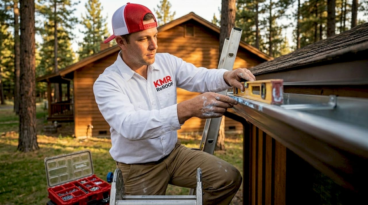 Contractor measures roof gutter slope by ladder