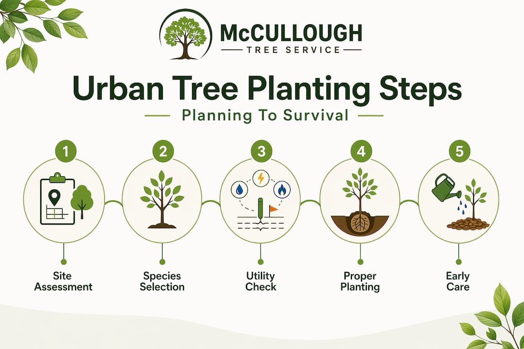 Infographic with urban tree planting process steps
