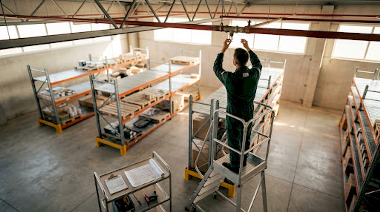 Technician checks upright sprinkler in warehouse
