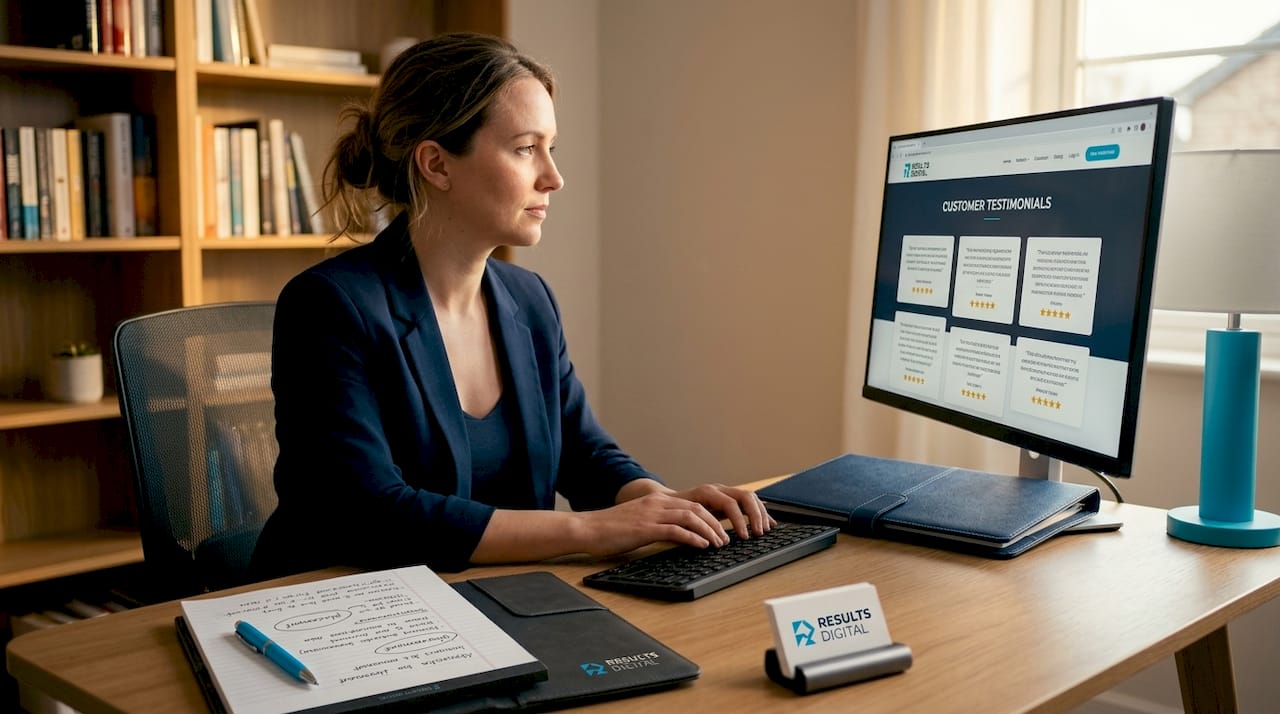 Marketing manager reviewing testimonial website section