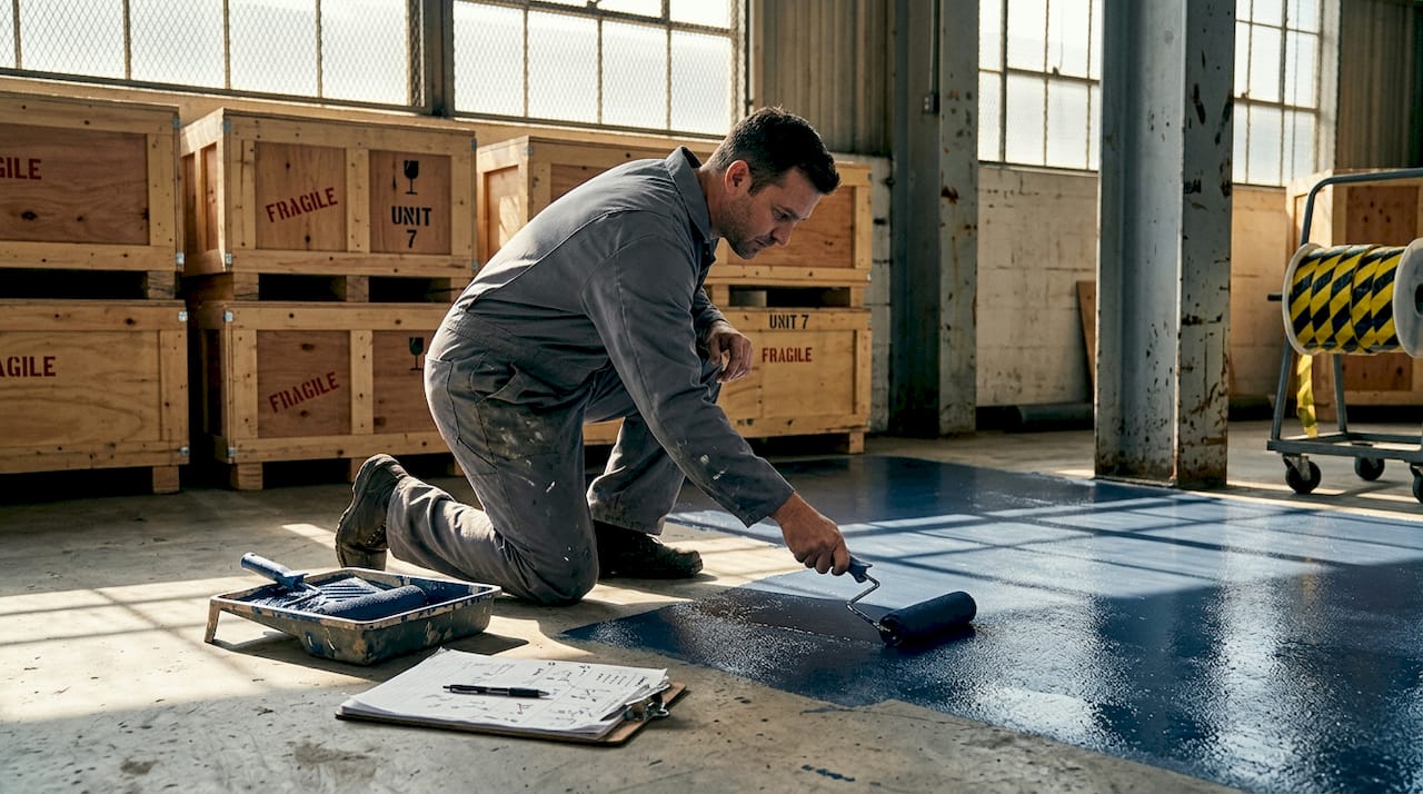 Worker rolling coating on warehouse floor