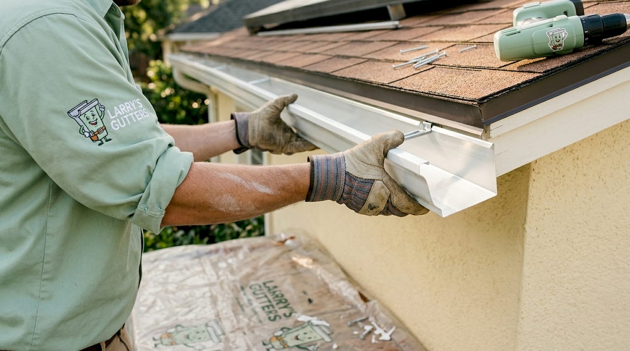 Close-up of seamless aluminum gutter installation