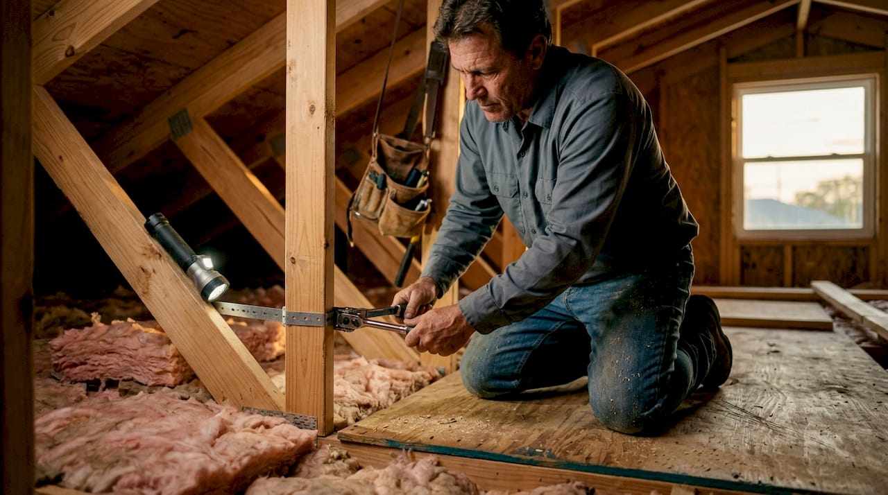 Roofer securing hurricane strap in attic