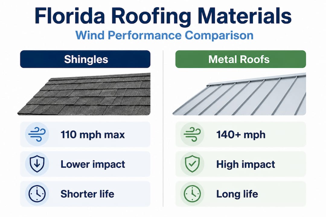 Infographic comparing shingle and metal roof wind resistance