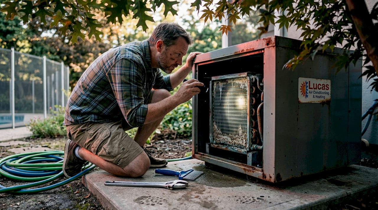 Homeowner inspecting pool heater exchanger
