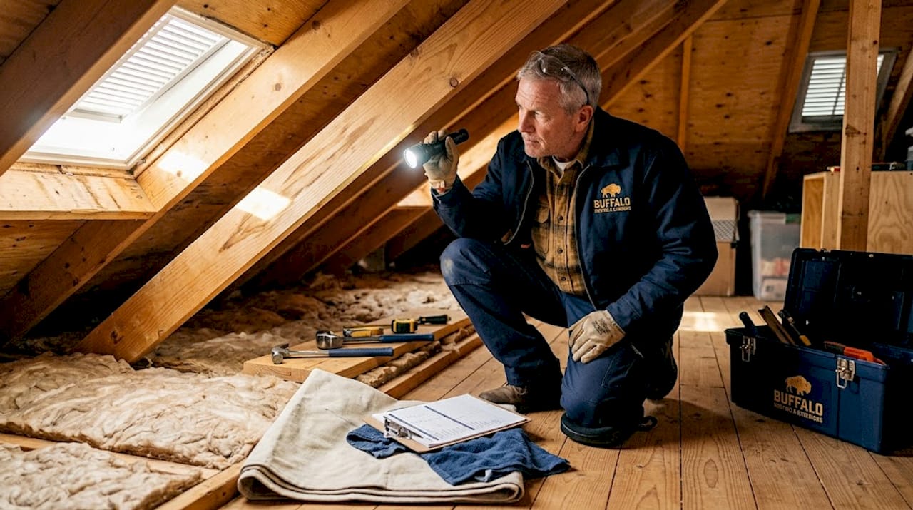 Roof inspector checking attic water stains