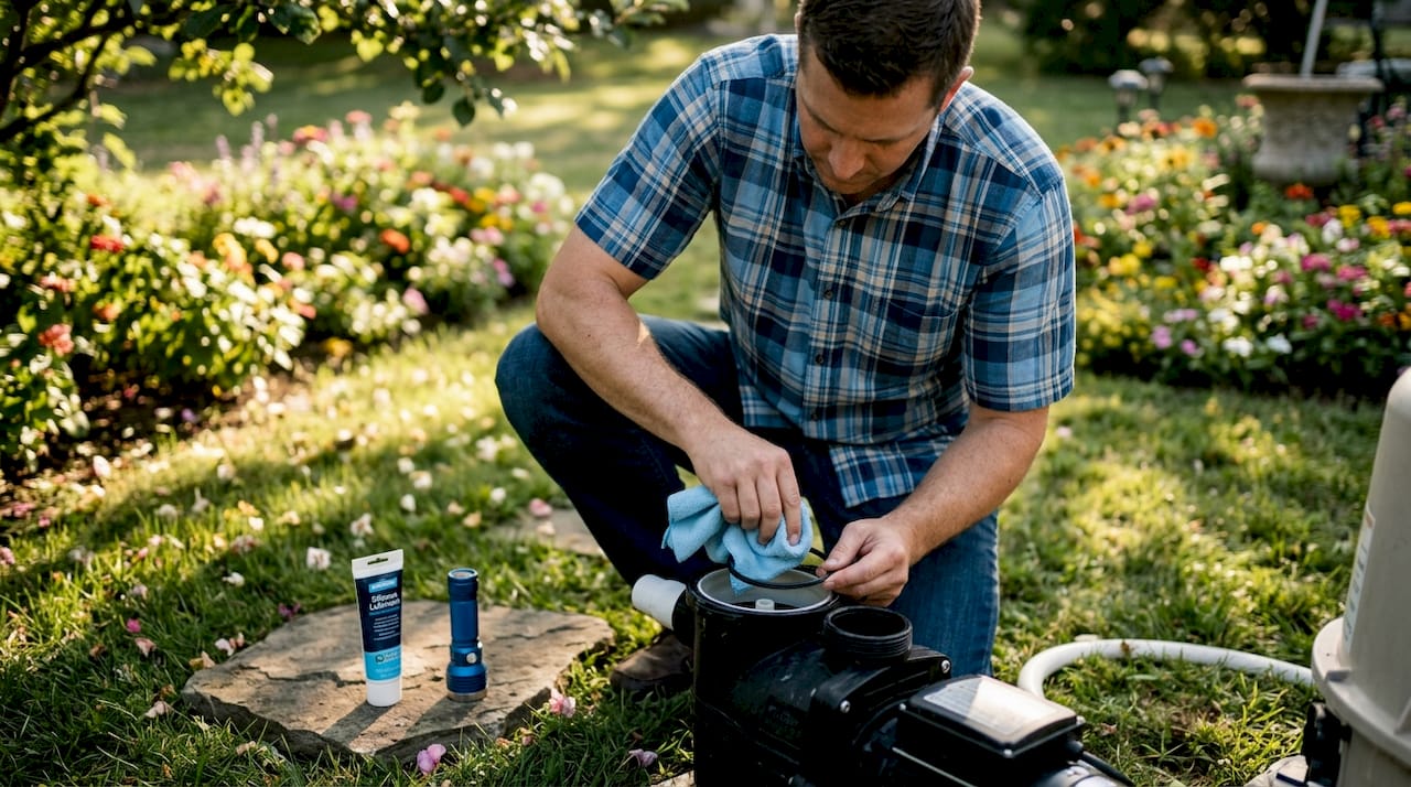 Inspecting pool pump equipment outdoors