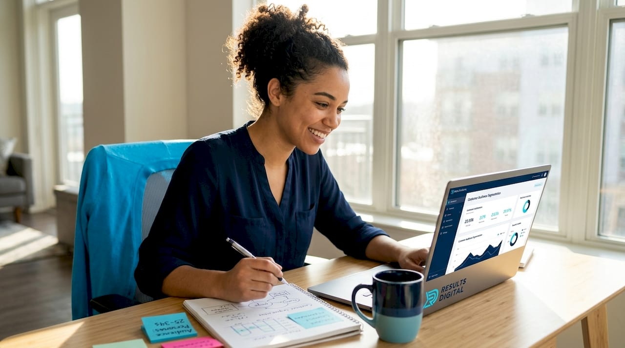 Marketer segmenting ad audiences on a laptop