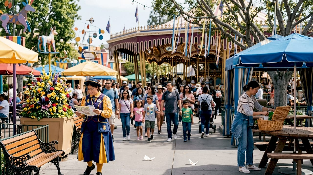 Guests walking through wide park plaza