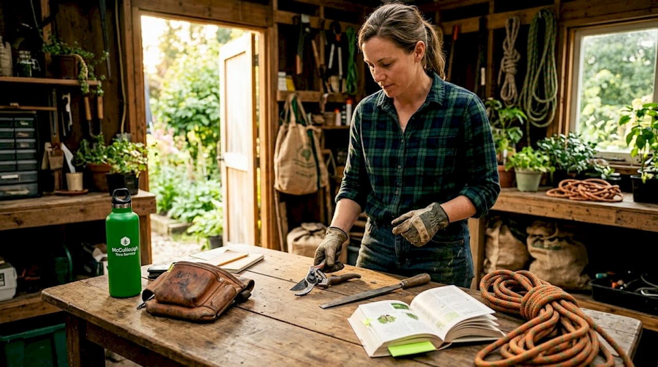 Arborist prepping tools for tree maintenance