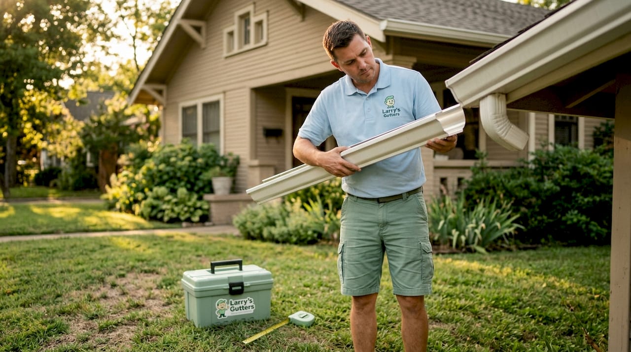 Installer comparing aluminum and vinyl gutter types