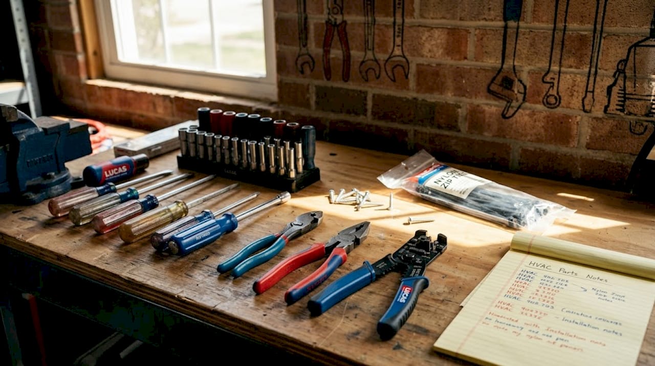 Essential HVAC hand tools on basement workbench