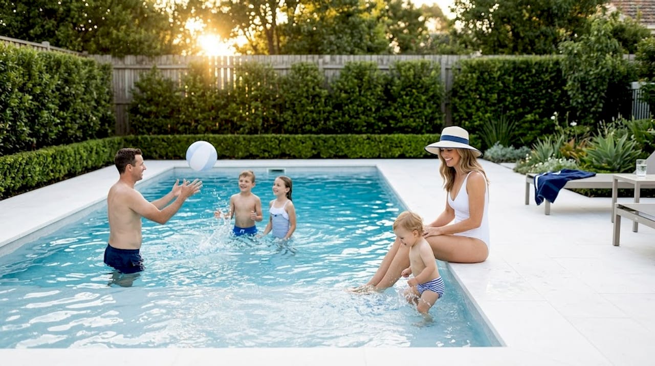 Pool Size Comparison List for Central Florida Backyards 1 Family swimming in large backyard pool