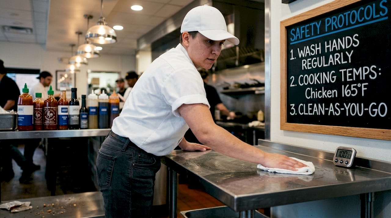 Line cook cleaning near fire safety rules