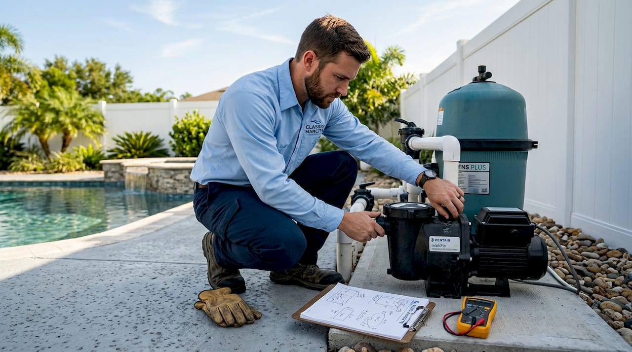 Technician adjusting outdoor pool pump system