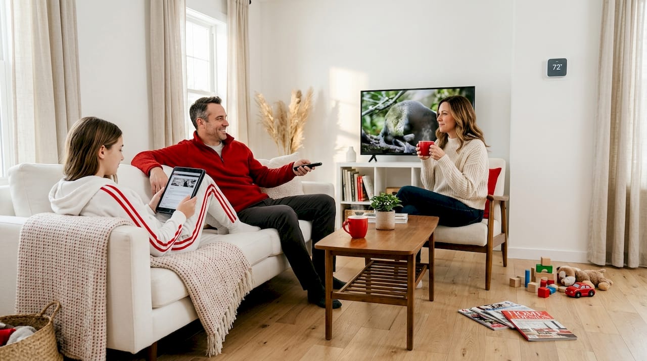 Family enjoying comfortable living room temperature