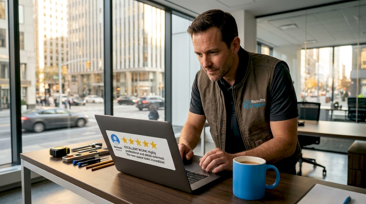 Contractor reading online business reviews on laptop at desk, featuring five-star ratings and a review comment, with a coffee mug and office supplies in a modern workspace.