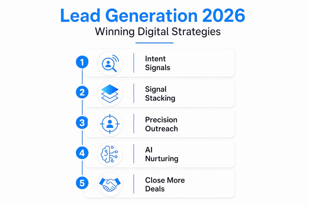 Lead Generation 2026 infographic illustrating five winning digital strategies: Intent Signals, Signal Stacking, Precision Outreach, AI Nurturing, and Close More Deals.