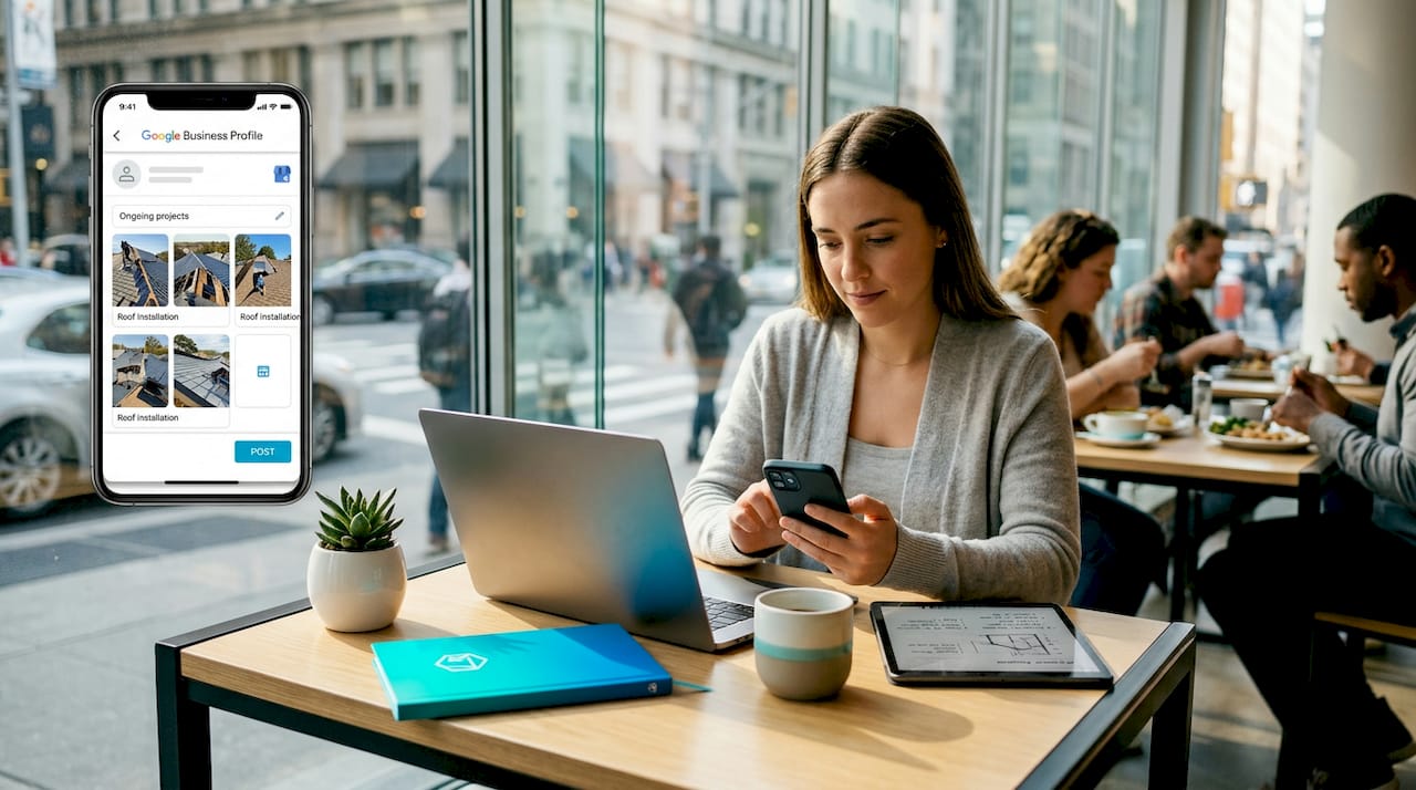Woman using smartphone to manage Google Business Profile for roofing projects, laptop and coffee on table, urban cafรฉ setting.