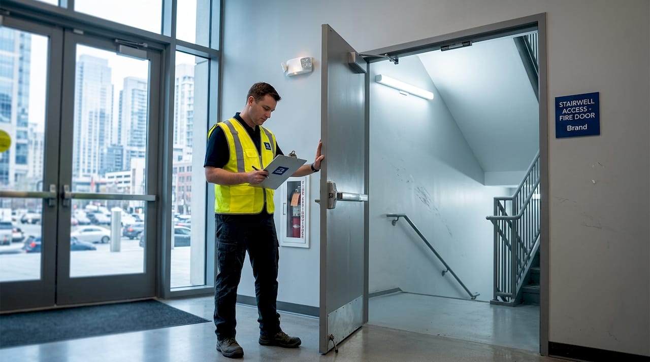 Technician tests fire-rated stairwell door