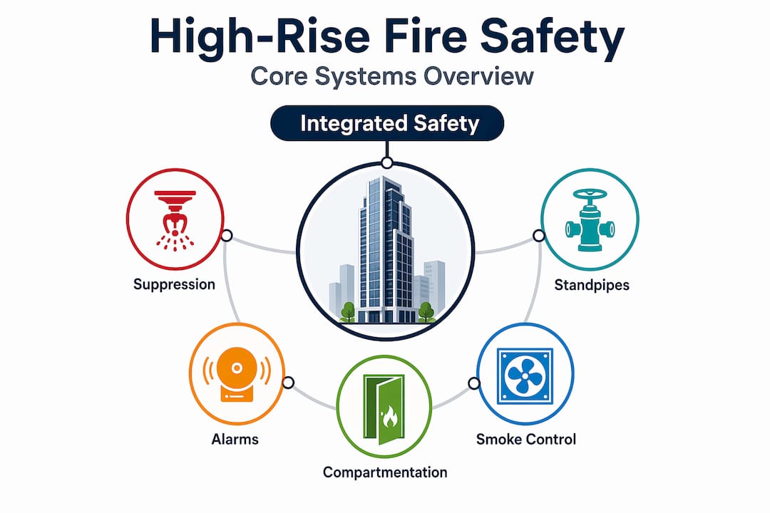 Infographic showing core high-rise fire safety systems