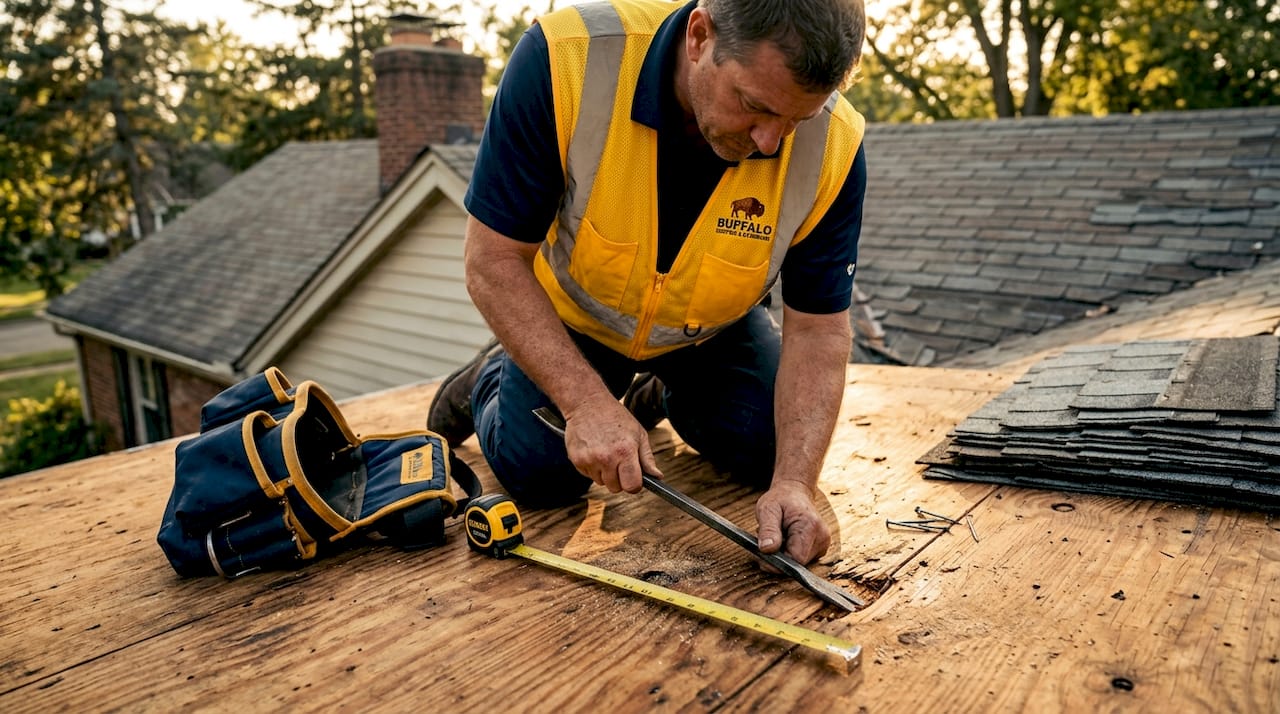 Roofer inspecting exposed roof decking