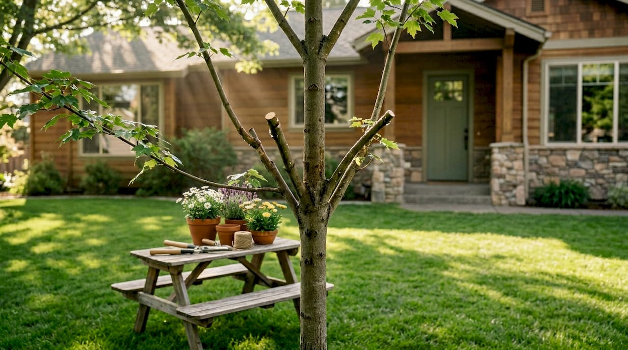 Young maple tree with recent structural pruning