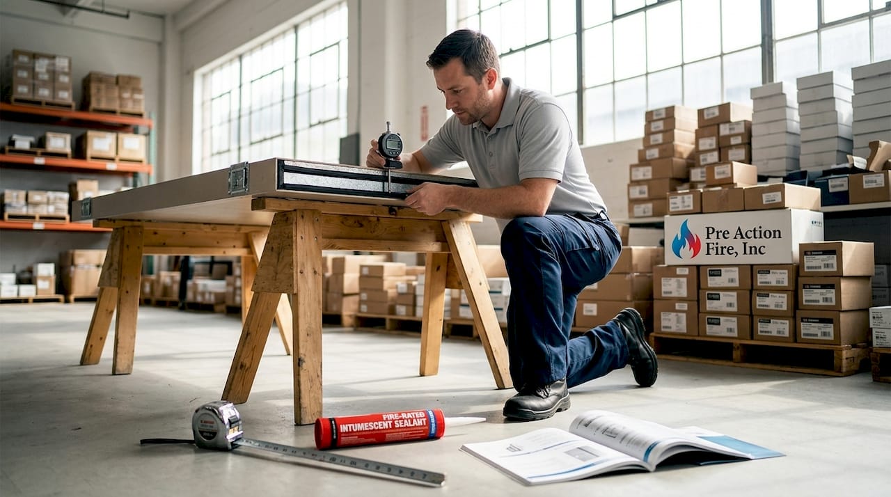 Installer inspects fireproof door materials