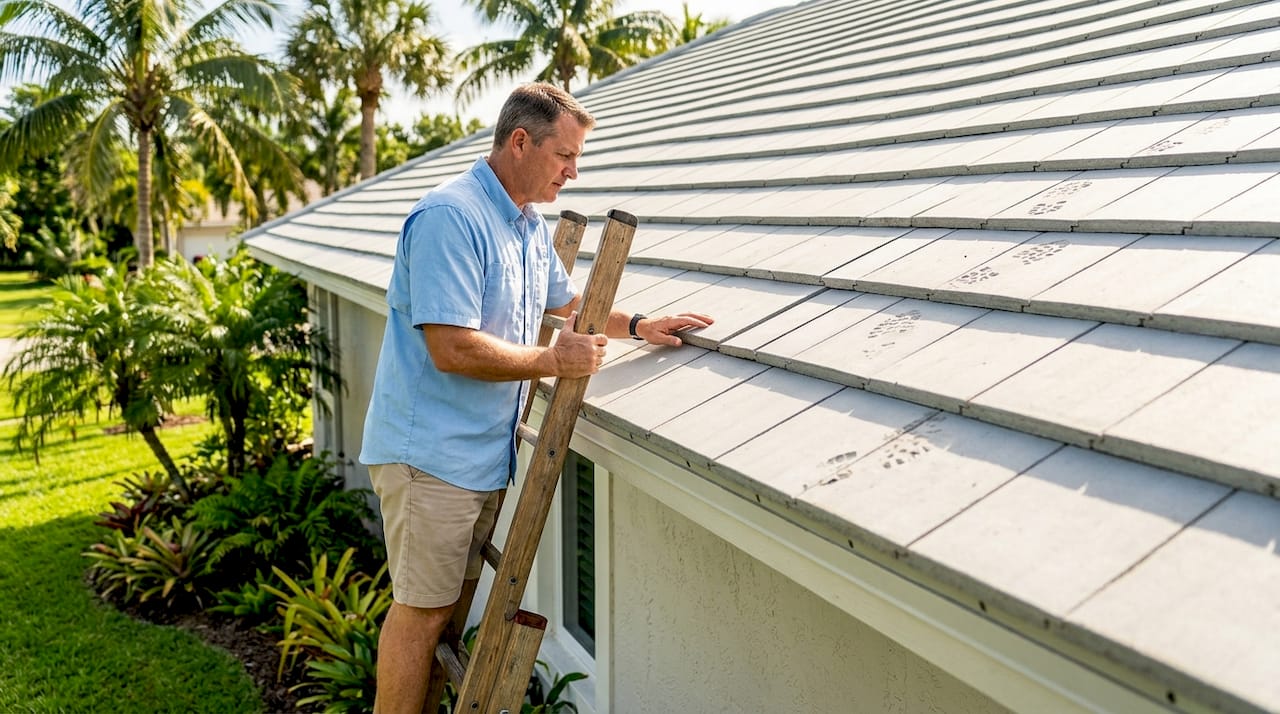 Inspector checks concrete tile roof installation