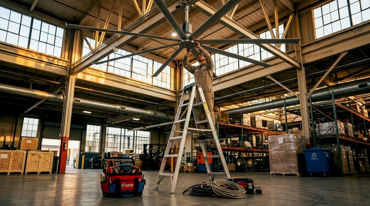 Technician installing HVLS fan in warehouse ceiling