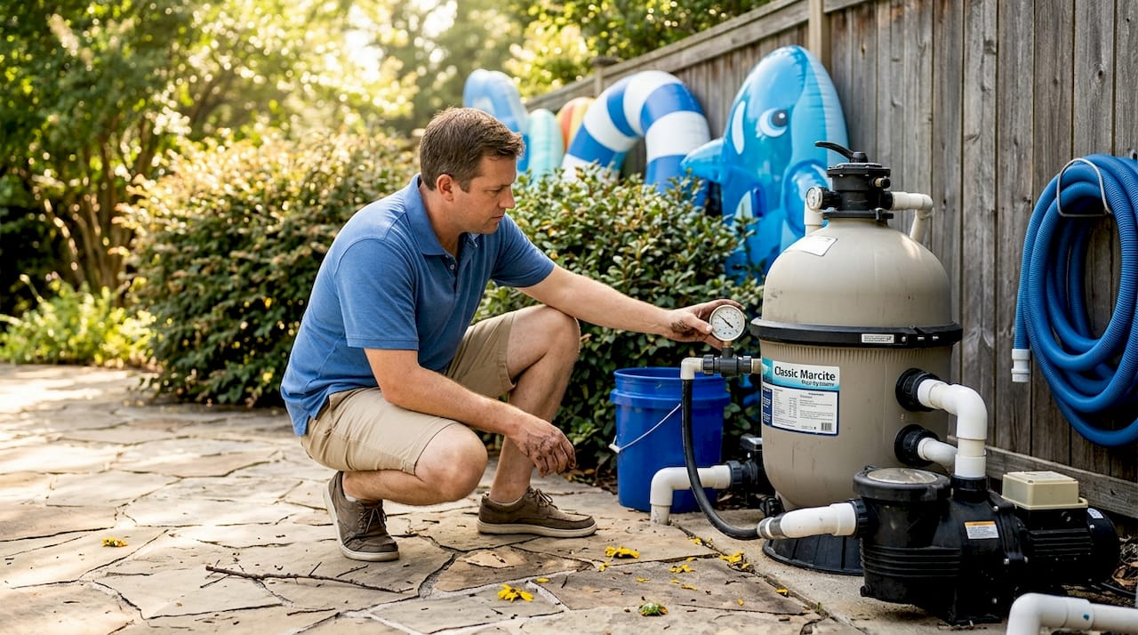 Person inspecting backyard pool filter equipment