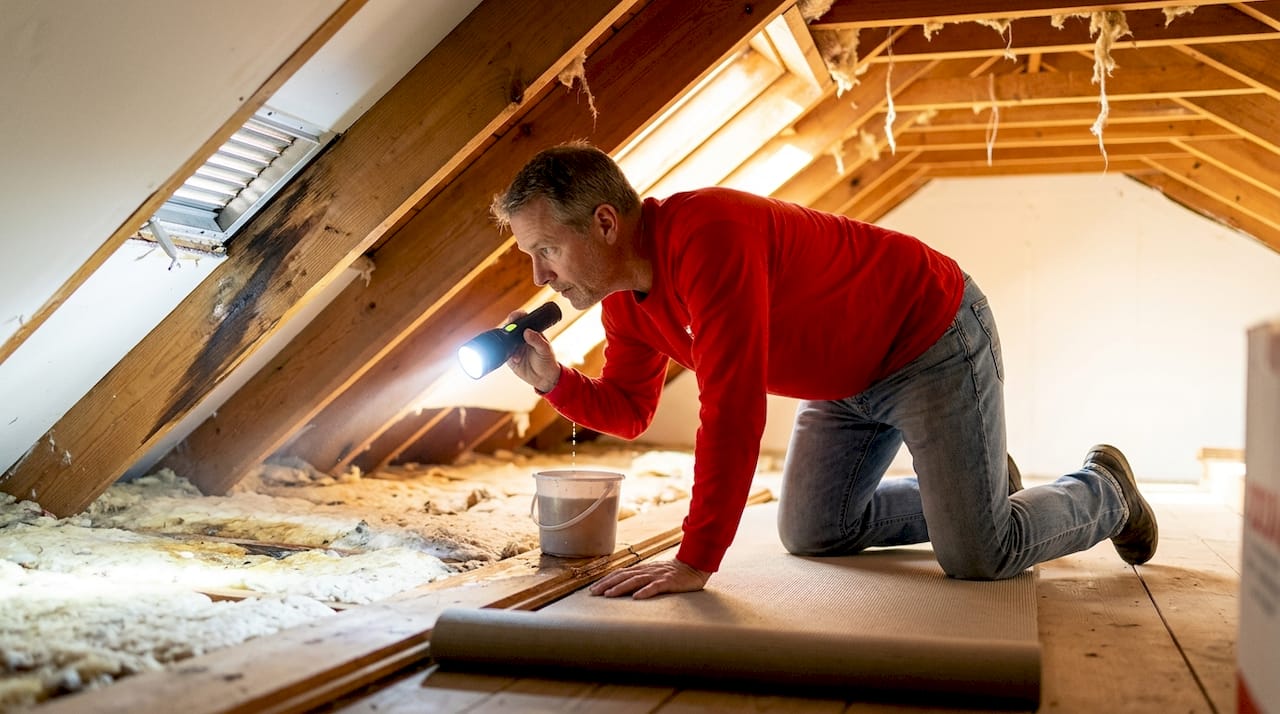 Homeowner inspecting attic for roof leaks