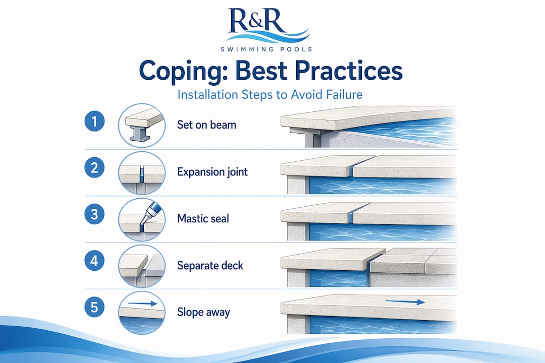 Infographic showing five steps for pool coping installation