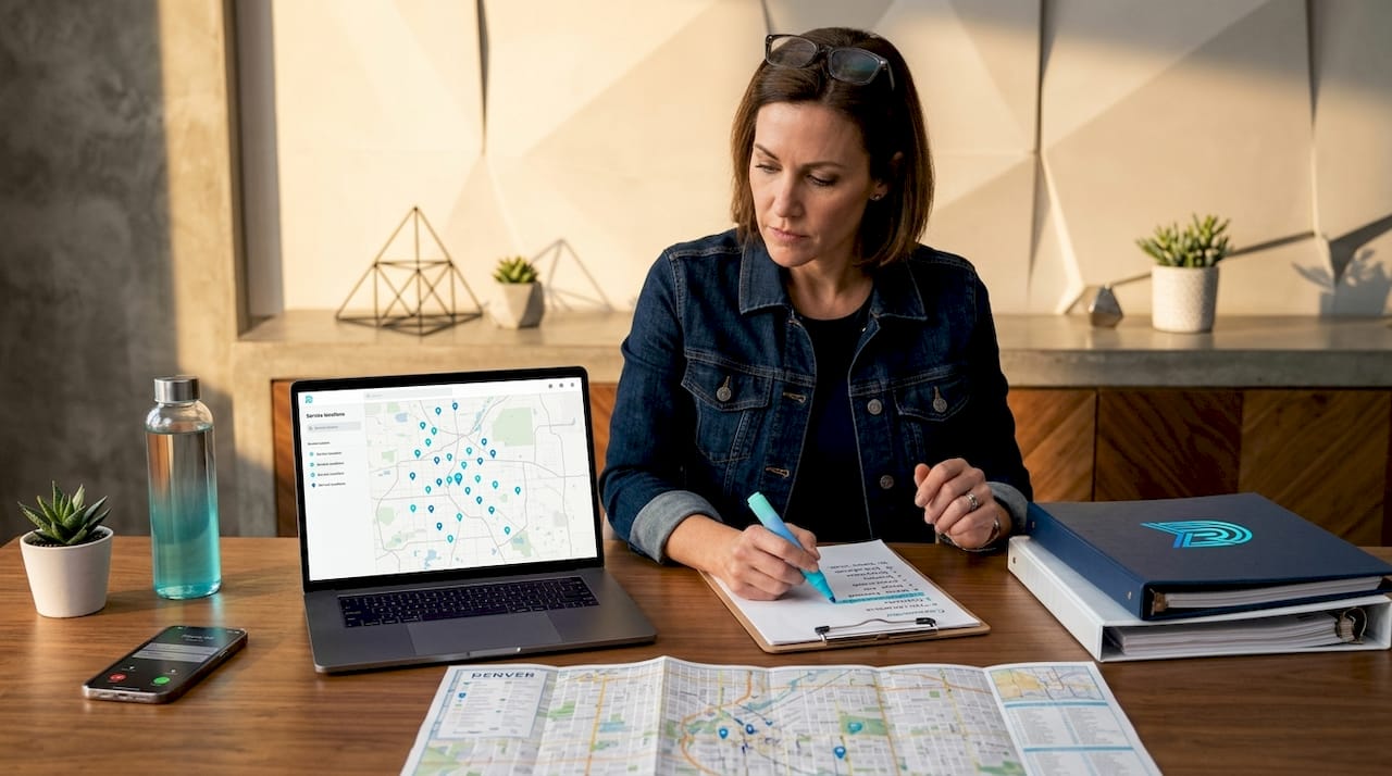 Contractor analyzing customer list and service map