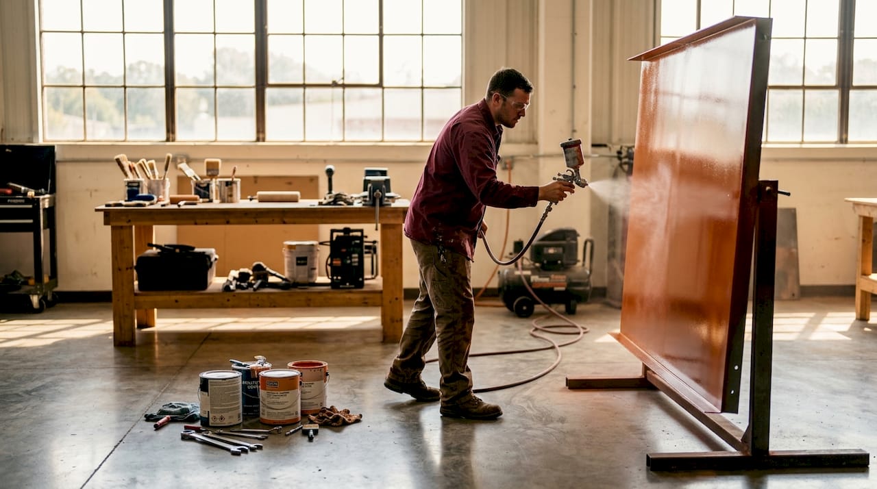 Worker spraying coating on large steel panel