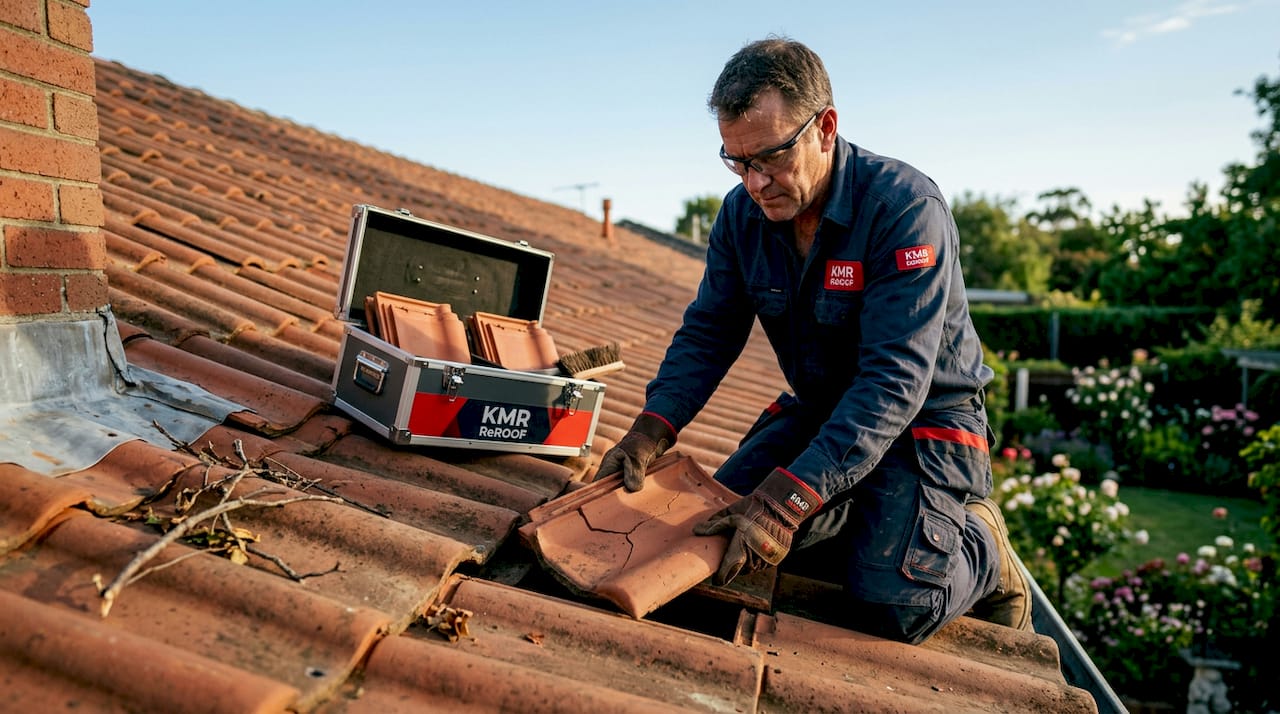 Worker repairing cracked clay roof tile