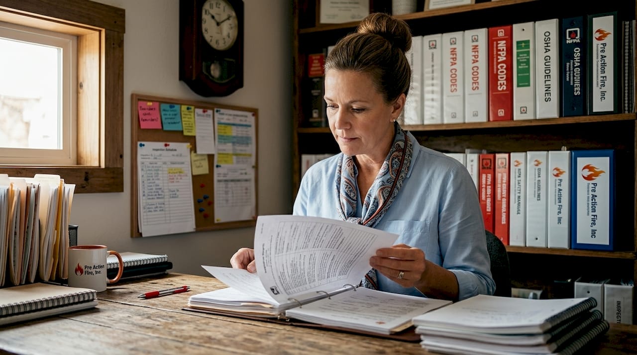 Facility manager reviewing fire inspection records