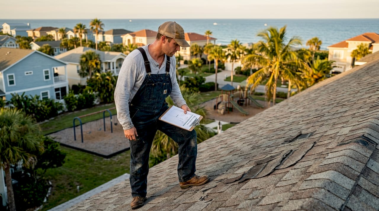 Roofer inspecting old shingle roof in Florida