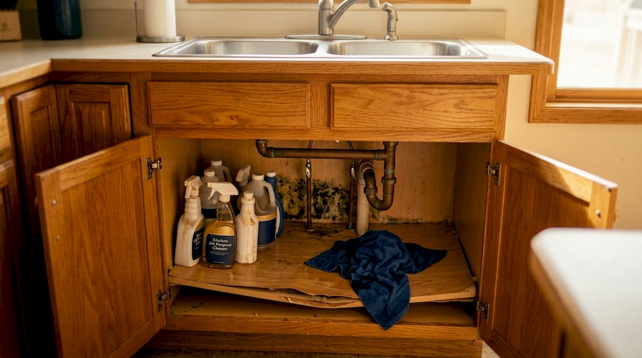 Hidden water damage inside kitchen sink cabinet