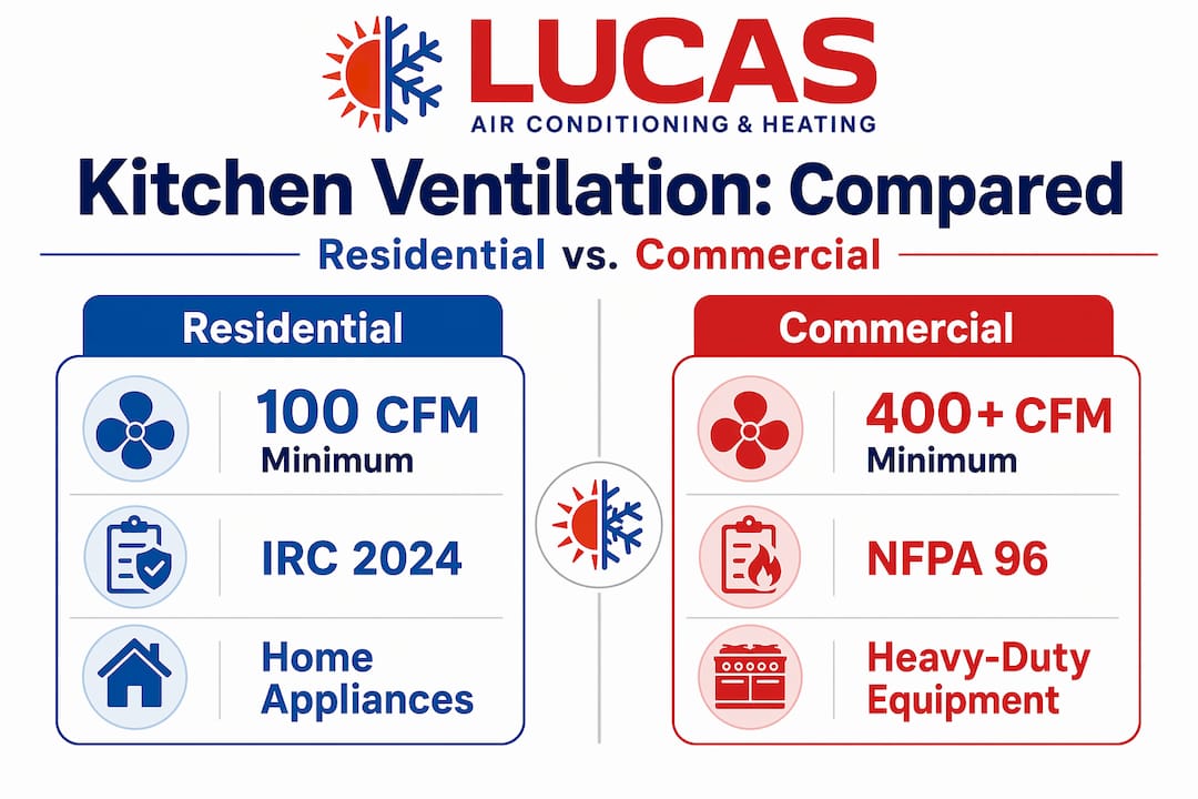 Residential and commercial kitchen ventilation comparison infographic
