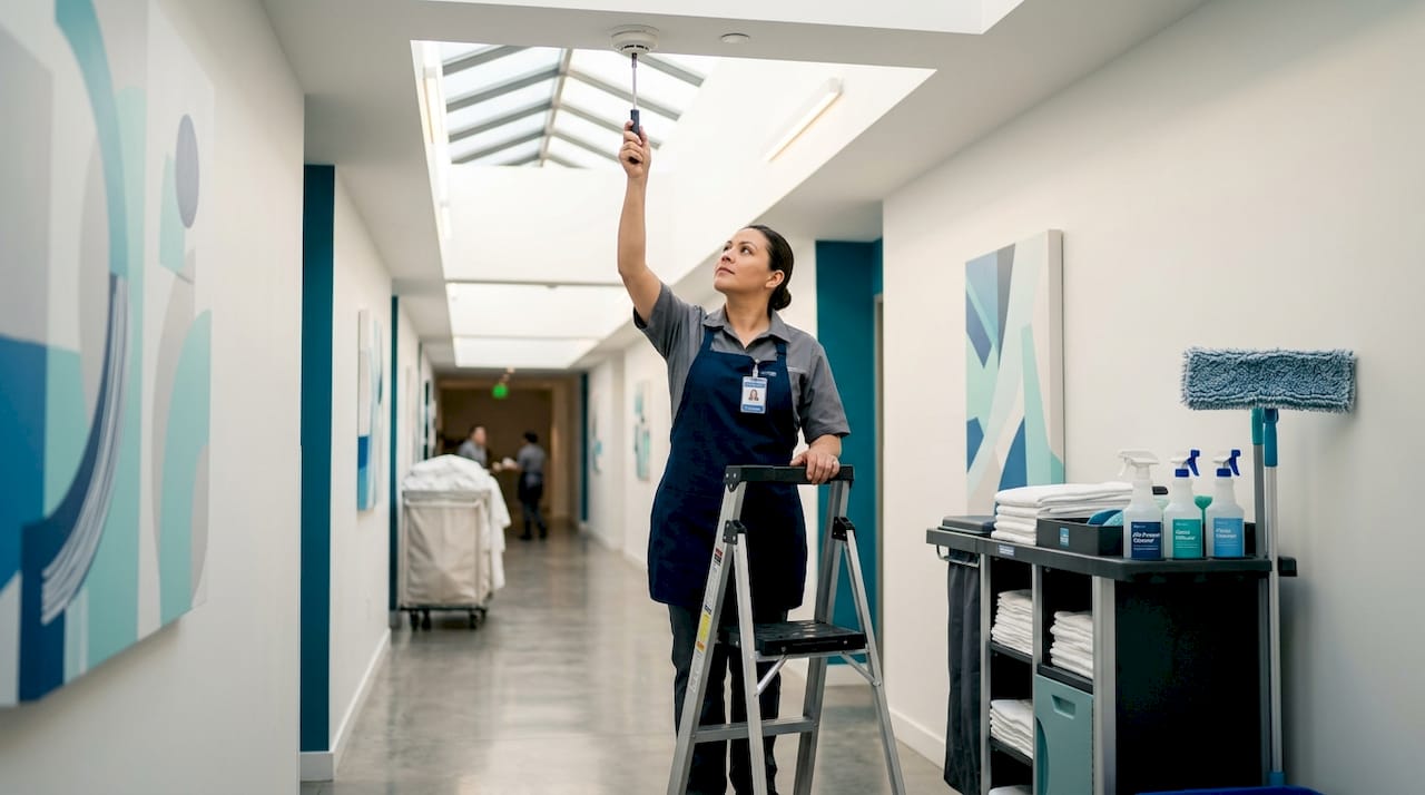 Housekeeping staff tests smoke detector in back hallway