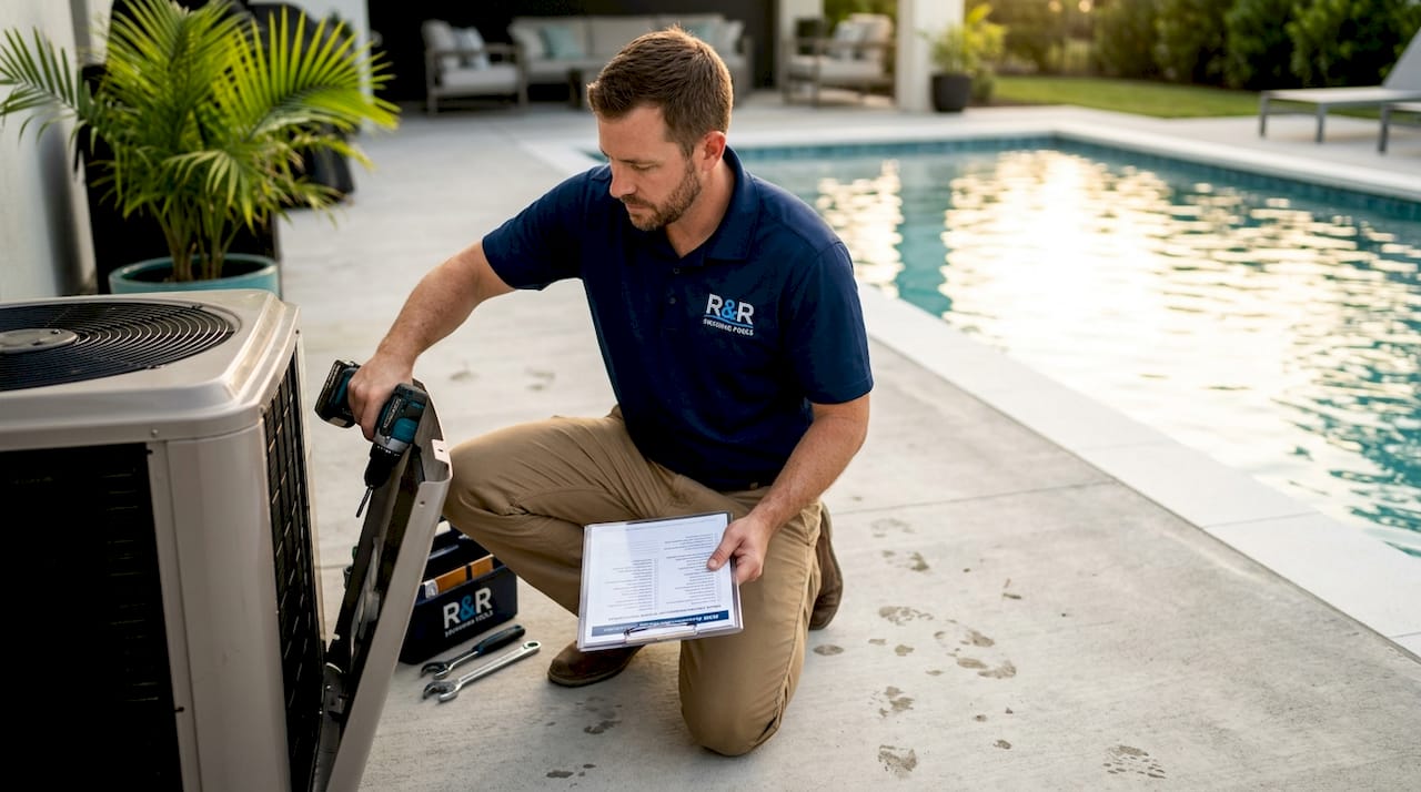 Why Opt for Pool Heating: a Central Florida Guide 1 Technician servicing pool heat pump equipment