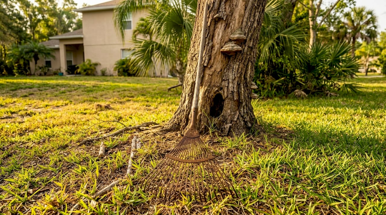 Damaged tree trunk with peeling bark and fungus