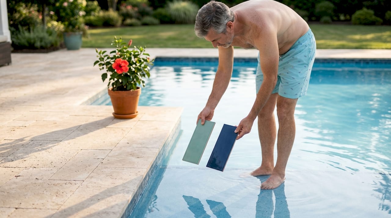 Homeowner comparing tile samples over pool water
