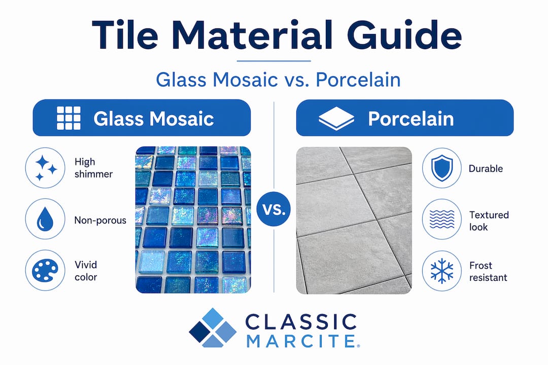 Infographic comparing glass mosaic and porcelain tile