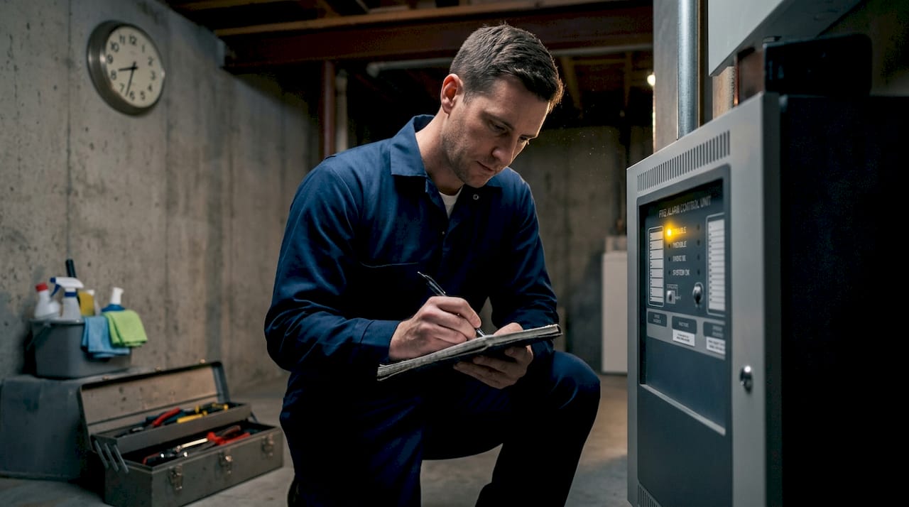 Technician logs fire panel trouble signal