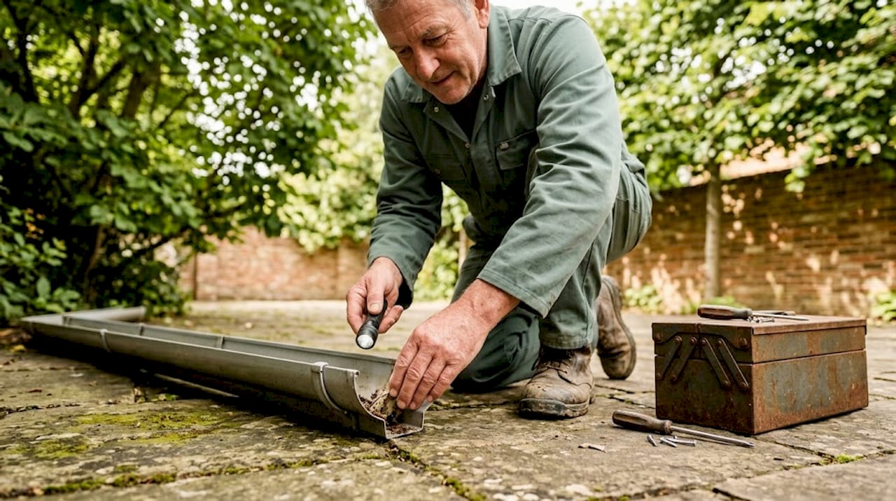 Maintenance professional inspecting house gutter