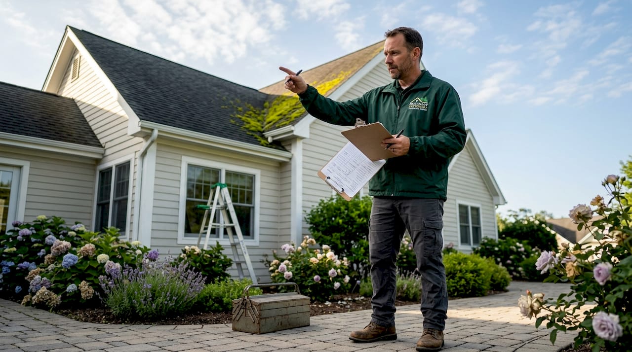 Contractor inspecting roof and taking notes