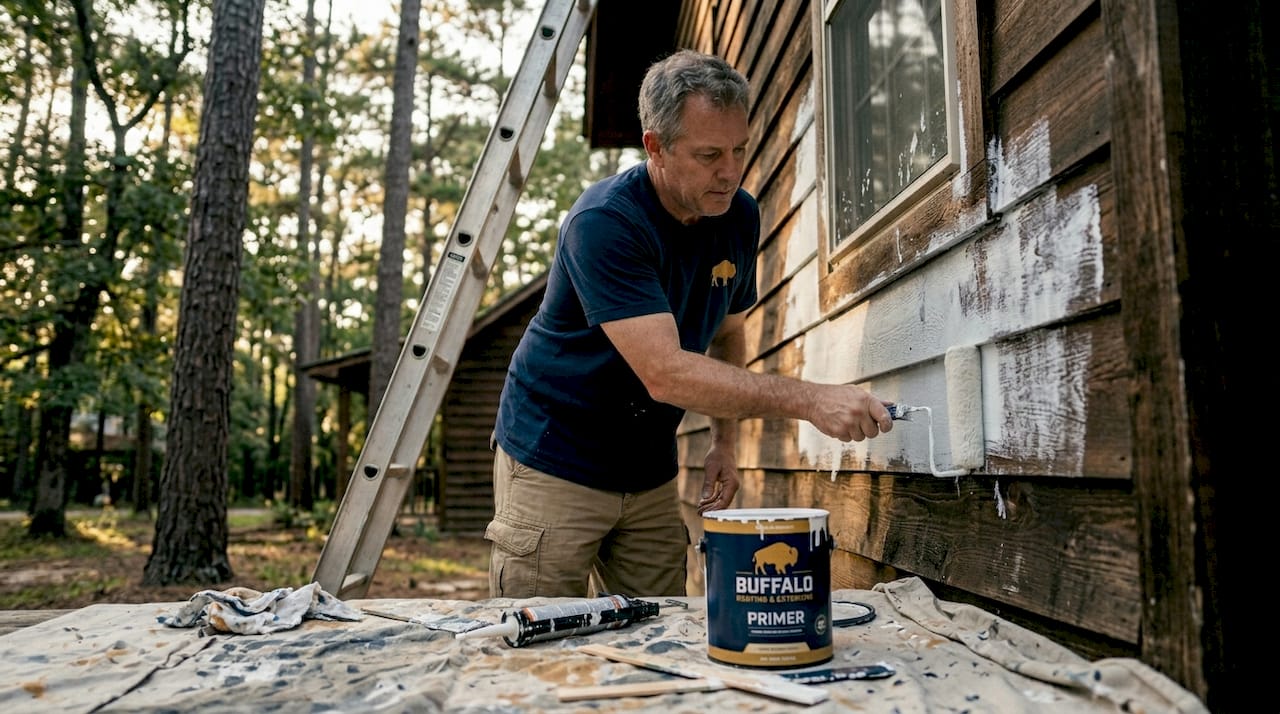 Homeowner priming exterior wood siding